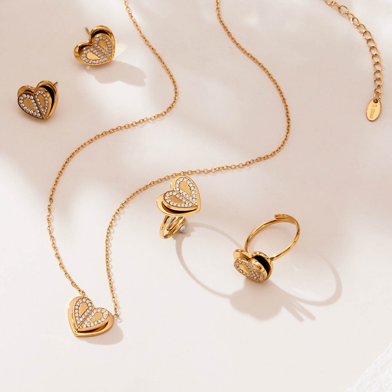 Double Heart Zircon Pendant Necklace, Earrings & Ring Jewelry Set - Gold & Steel Stainless Steel