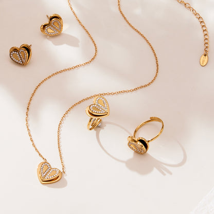 Double Heart Zircon Pendant Necklace, Earrings & Ring Jewelry Set - Gold & Steel Stainless Steel
