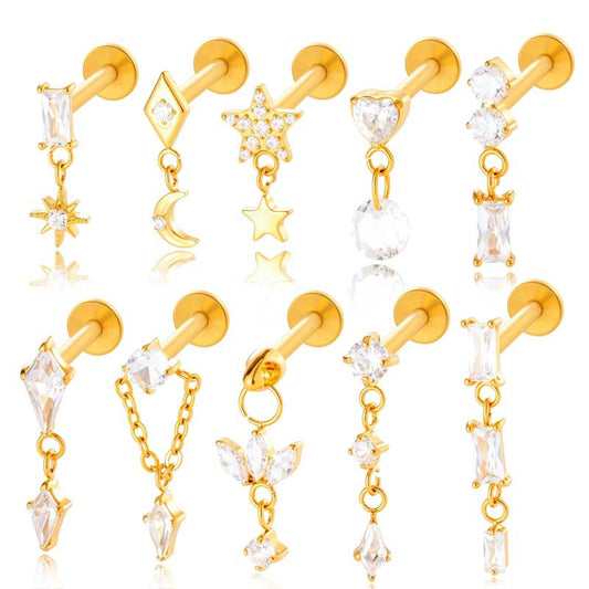 F136 Titanium Internally Threaded Dangling CZ Cartilage Stud – Hypoallergenic Piercing Jewelry