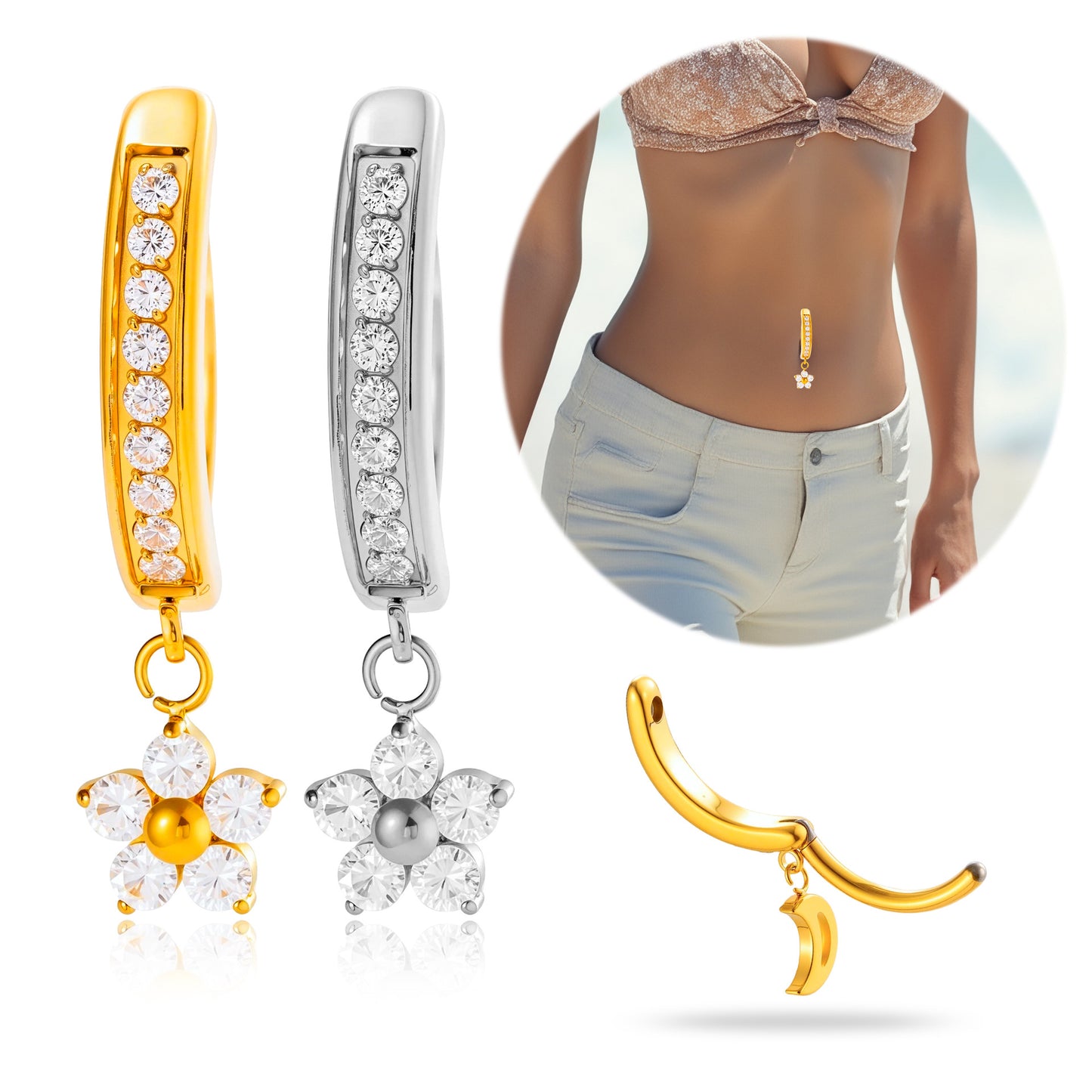 G23/F136 Titanium Belly Button Ring with Cubic Zirconia Flower Dangle | Stylish Navel Piercing Jewelry