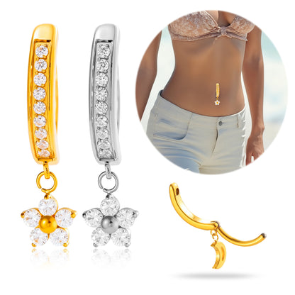 G23/F136 Titanium Belly Button Ring with Cubic Zirconia Flower Dangle | Stylish Navel Piercing Jewelry