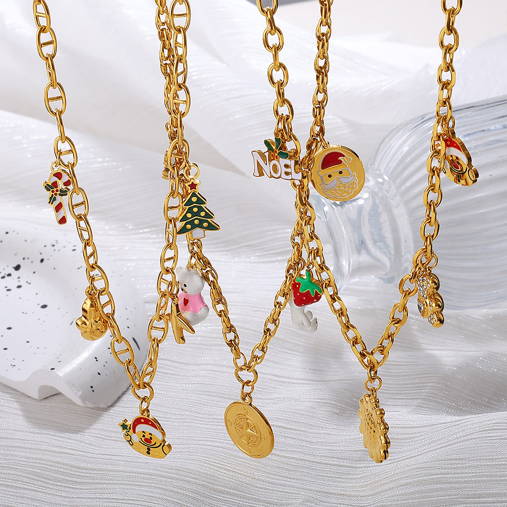 Halloween Christmas Gold Plated Stainless Steel Necklace - Heart Tree Tassel Pendant - Drip Oil Design - Minimalist Fashion Jewelry for Women