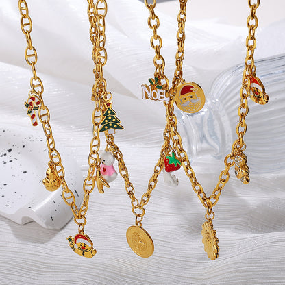 Halloween Christmas Gold Plated Stainless Steel Necklace - Heart Tree Tassel Pendant - Drip Oil Design - Minimalist Fashion Jewelry for Women