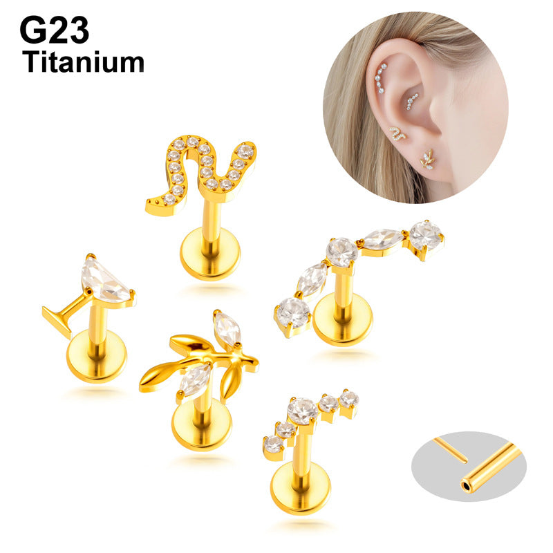 Implant Grade G23 Titanium Labret Stud – Snake Leaf CZ Flat Back Ear & Lip Piercing ASTM F136 Jewelry