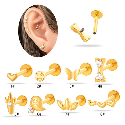 F136 Titanium Internally Threaded Cartilage Stud – Heart, Butterfly, Rocket, Bone, Smiley Face Designs | Hypoallergenic Piercing Jewelry