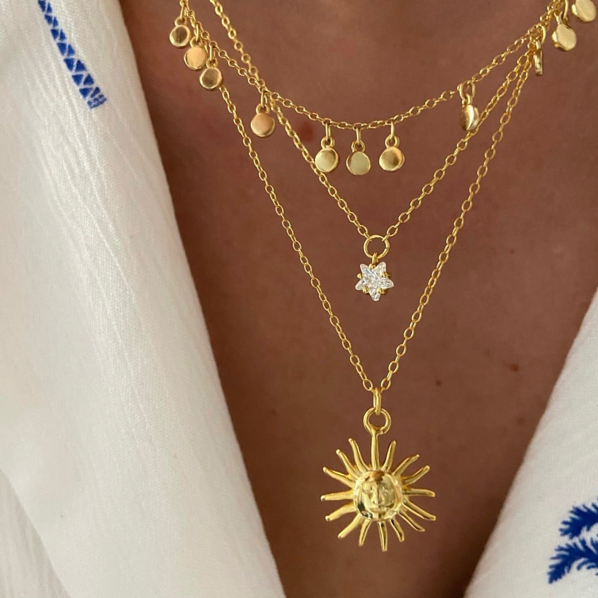 18K Gold Plated Stainless Steel Sun & Star Pendant Necklace – Minimalist Layered Crystal Jewelry for Women