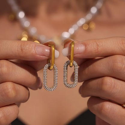 Gold Oval Zircon Dangle Earrings – Elegant Stainless Steel Full Zircon Hoop Earrings for Women