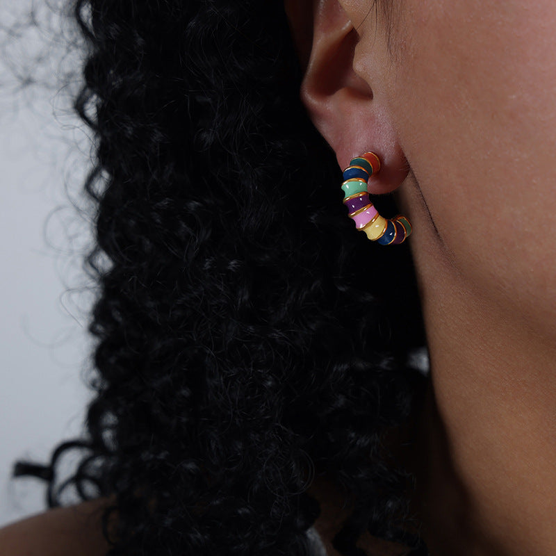 Enamel Twist Knot Hoop Earrings | Stainless Steel Colorful Drop Oil Earrings