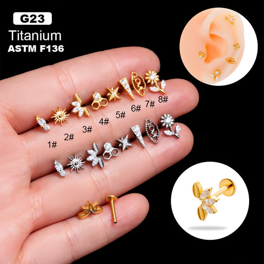 G23 Titanium Internally Threaded CZ Cartilage Stud – Minimalist Flower, Star or Heart Piercing Jewelry