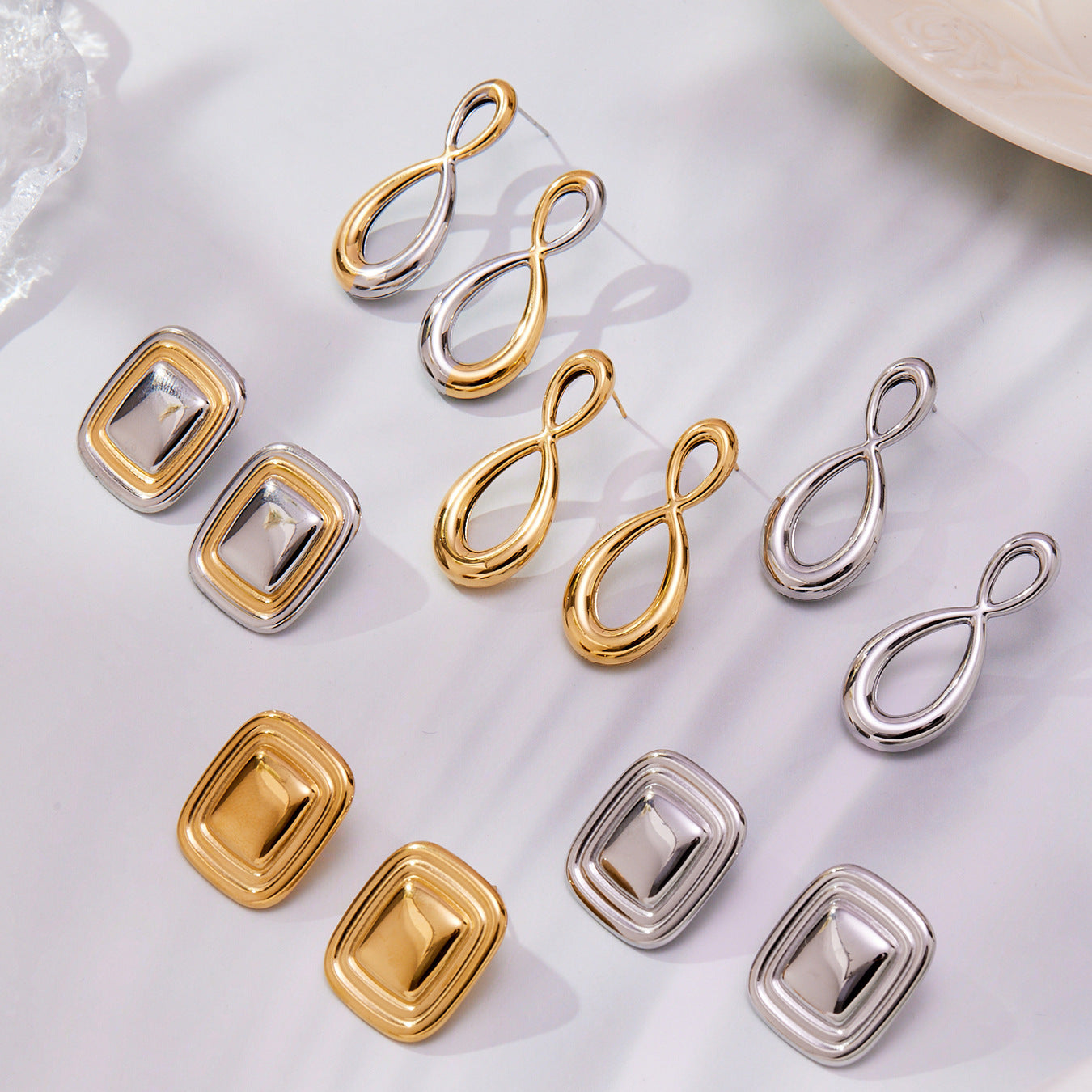 Stainless Steel Retro Geometric Earrings | Figure-8 & Square Shaped Minimalist Hoop Earrings | High-End Fashion Jewelry