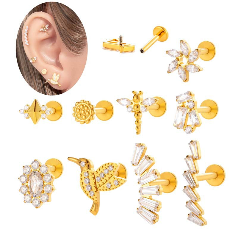 Titanium Screw‑In Flat‑Back Stud with Zircon – Hypoallergenic Piercing Jewelry