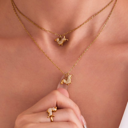 Stainless Steel Dog Zircon Jewelry Set – Necklace, Bracelet, Ring & Earrings | Cute Minimalist Fashion Jewelry | WANTI