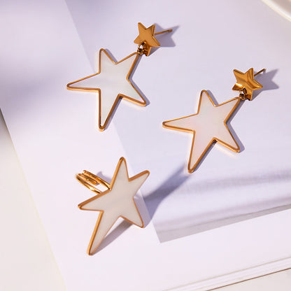 Trendy Stainless Steel Acrylic Star Earrings and Open Ring Set – Hip-Hop Style Statement Jewelry