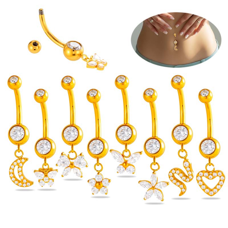 G23/F136 Titanium Internally Threaded Dangle Navel Ring with Zircon Charms — Butterfly, Moon, Flower, Heart & Snake Designs | Hypoallergenic Belly Button Piercing Jewelry
