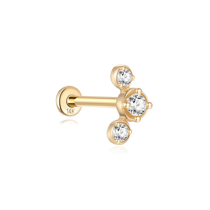 14K Gold Triple Zircon Stud Earrings – Delicate & Radiant