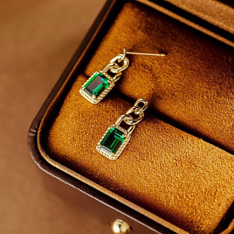 14K Gold Rectangular Emerald Twisted Cuban Chain Earrings（Pair）
