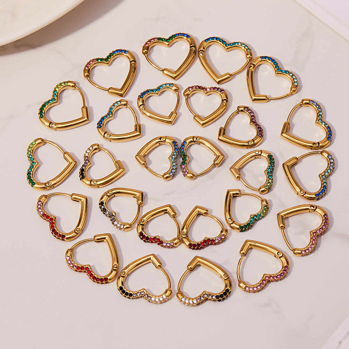 Colorful Cubic Zirconia Heart Hoop Earrings Set | Stainless Steel Simple Chic Ear Cuff for Women