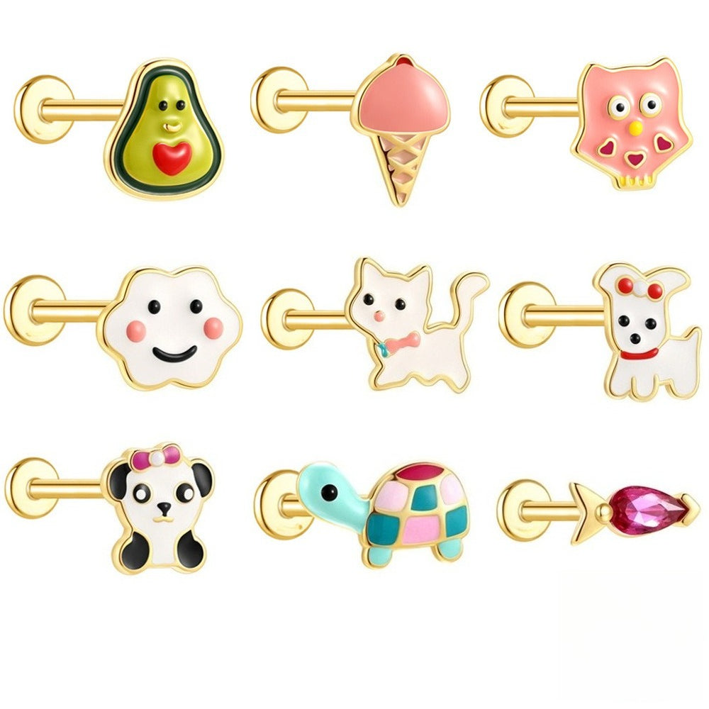 ASTM F136 Cartoon Animal Enamel baby girl Flat back Threaded Cartilage Piercing Earring