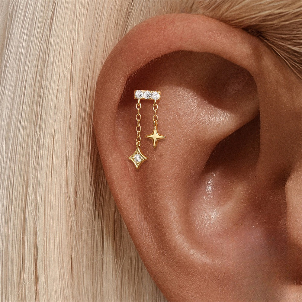 ASTM F136 Star/Moon Chain Tassel Threaded Cartilage Piercing Earrings Ear Studs