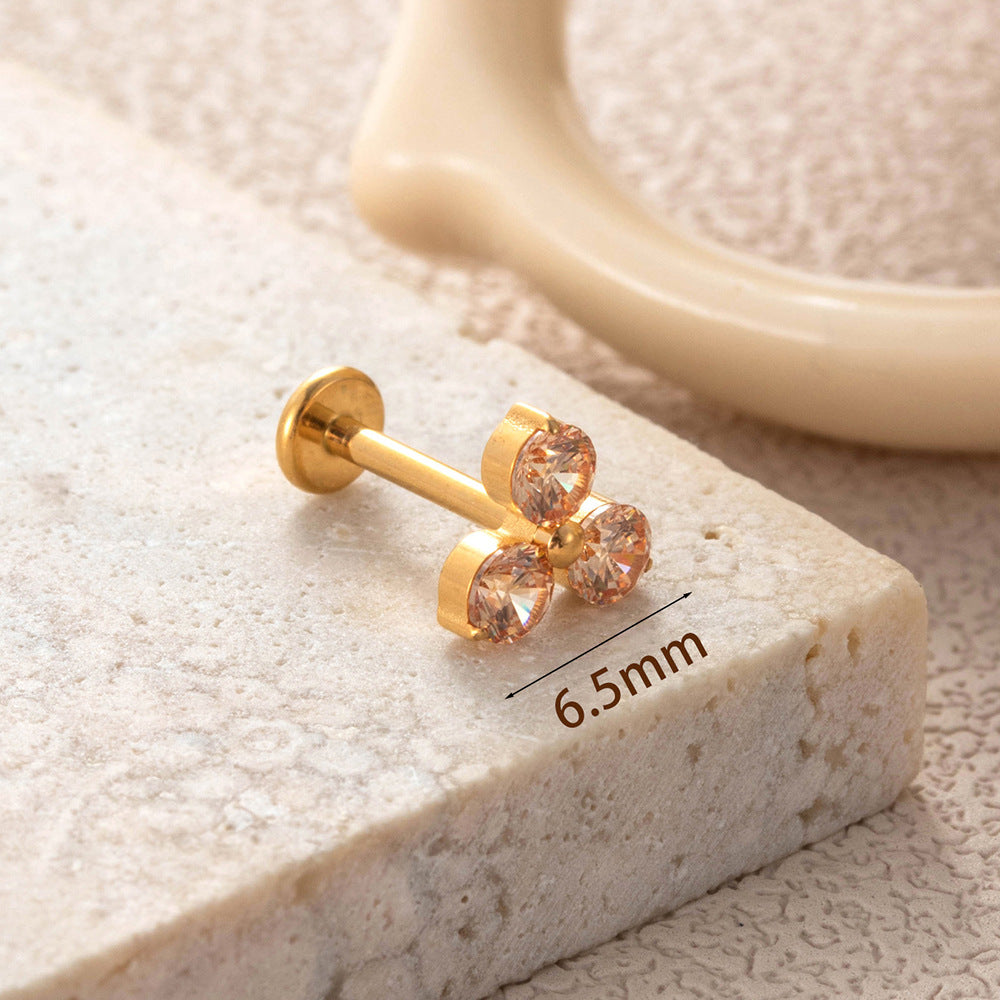 F136 Titanium Three-Zircon Flower Piercing Jewelry – Push Pin Lip & Cartilage Stud