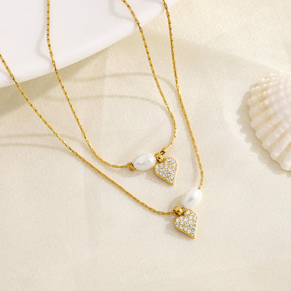 Elegant Pearl & Diamond Heart Pendant Titanium Steel Necklace & Bracelet Set – 18K Gold Plated, Adjustable Length, Perfect for Gifts