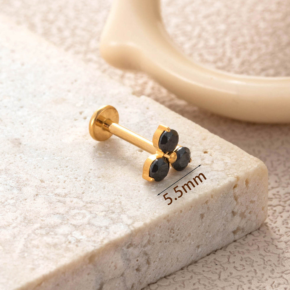 F136 Titanium Three-Zircon Flower Piercing Jewelry – Push Pin Lip & Cartilage Stud