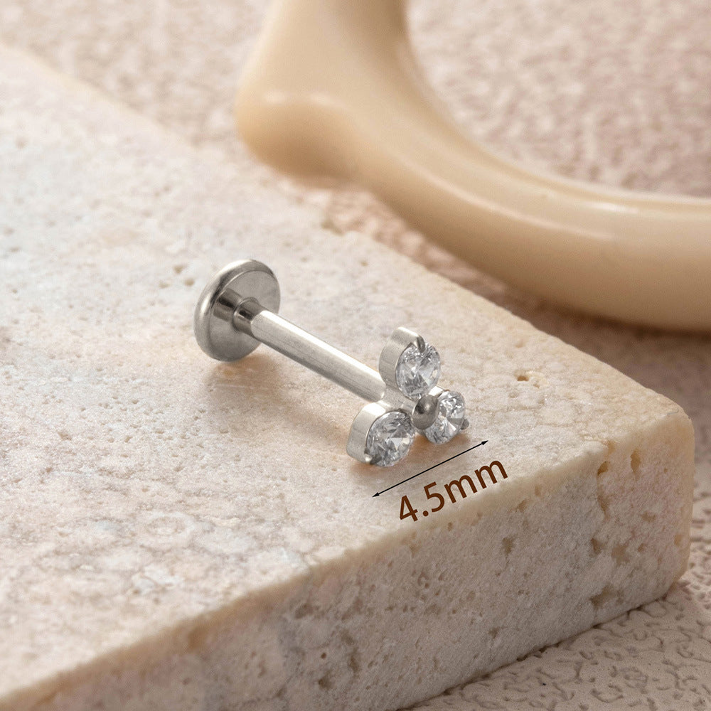 F136 Titanium Three-Zircon Flower Piercing Jewelry – Push Pin Lip & Cartilage Stud