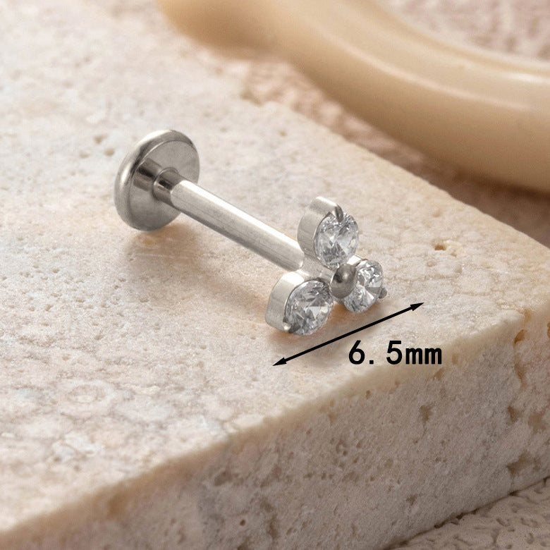 F136 Titanium Three-Zircon Flower Piercing Jewelry – Push Pin Lip & Cartilage Stud