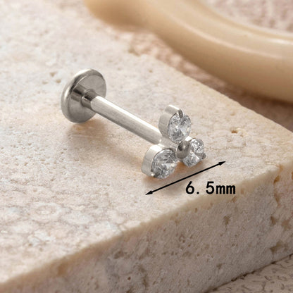 F136 Titanium Three-Zircon Flower Piercing Jewelry – Push Pin Lip & Cartilage Stud