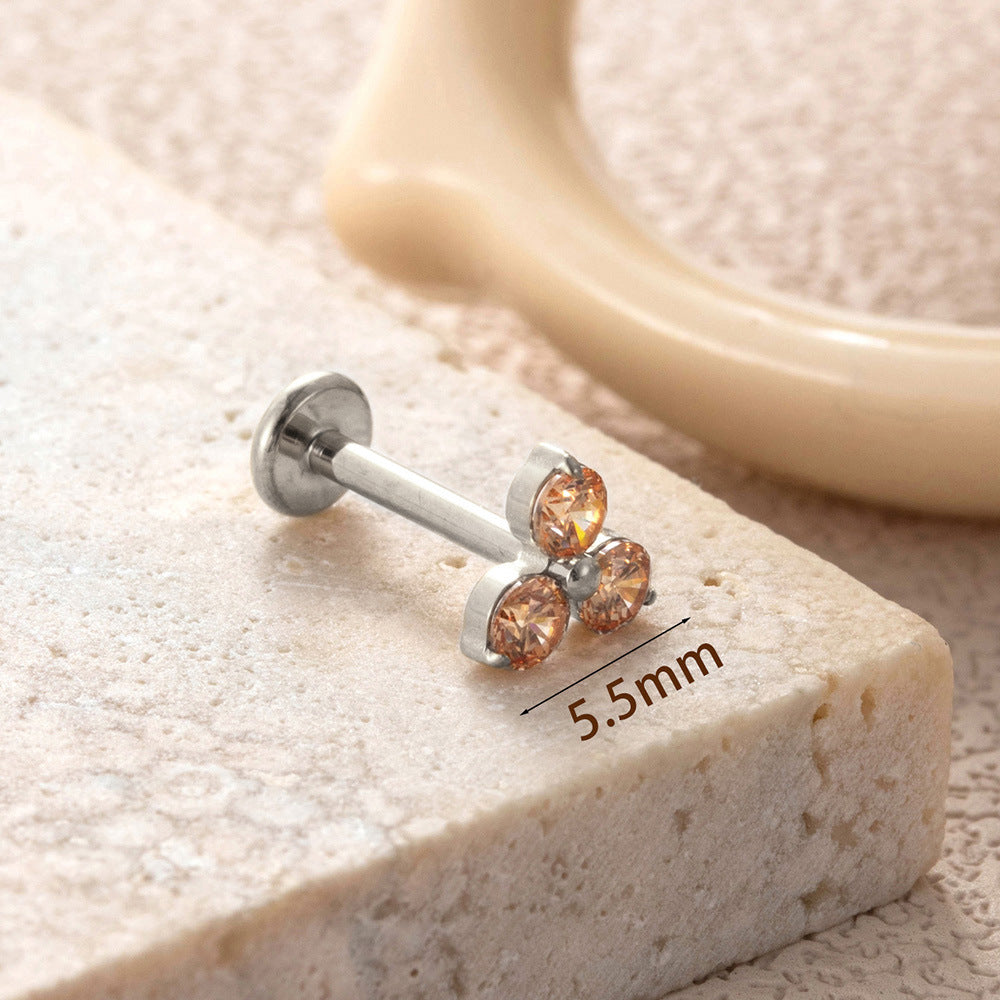 F136 Titanium Three-Zircon Flower Piercing Jewelry – Push Pin Lip & Cartilage Stud