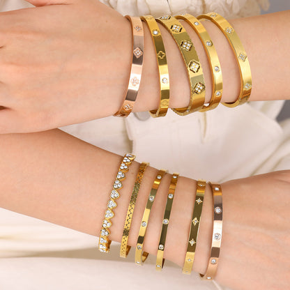 18K Gold Plated Titanium Steel Vintage Open Cuff Bracelets with Crystals, Fashionable and Durable