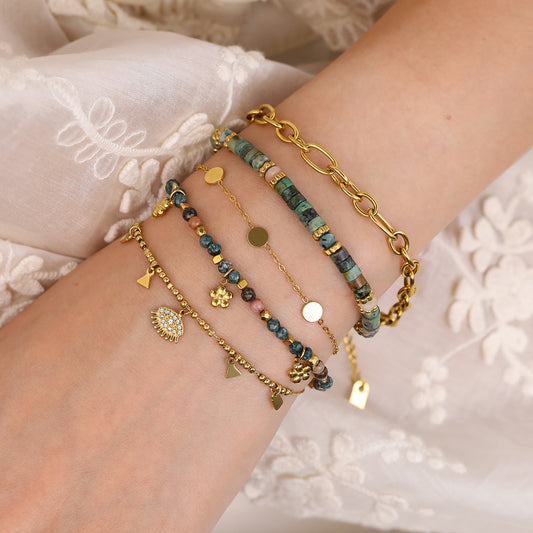18K Gold Plated Titanium Steel Bohemian Style Multicolor Beaded Evil Eye Pendant Bracelet Set