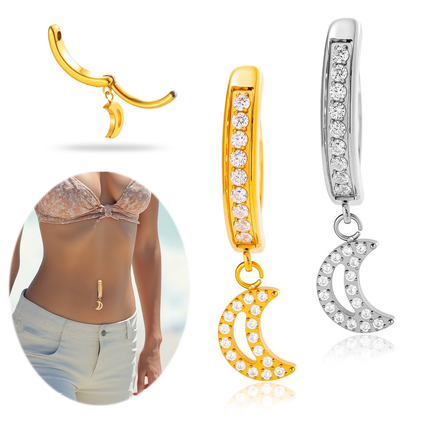 G23/F136 Titanium Moon Belly Button Ring – Zircon Hollow Crescent Dangle Navel Piercing Jewelry | Hypoallergenic Titanium Navel Barbell in Gold & Silver