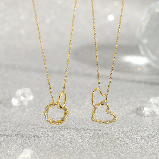 18K Gold Plated Titanium Steel New Twisted Heart Crystal Pendant Necklace Set