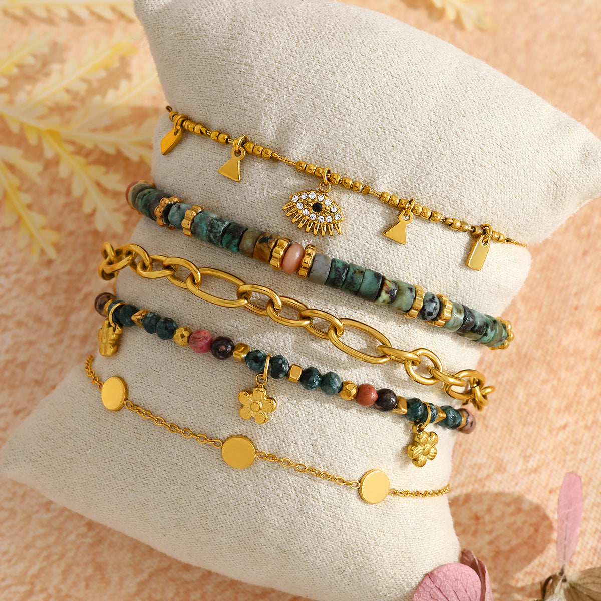18K Gold Plated Titanium Steel Bohemian Style Multicolor Beaded Evil Eye Pendant Bracelet Set