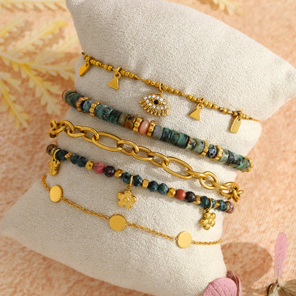 18K Gold Plated Titanium Steel Bohemian Style Multicolor Beaded Evil Eye Pendant Bracelet Set