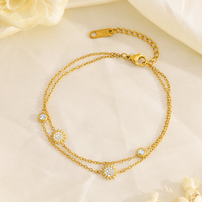 18K Gold Plated Titanium Steel Double-Layer Crystal Bracelet Set – Star and Moon Pendant Design