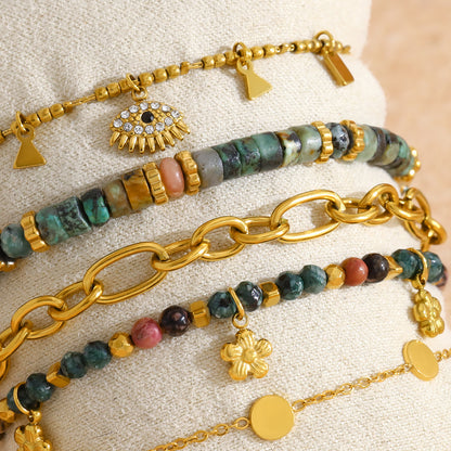 18K Gold Plated Titanium Steel Bohemian Style Multicolor Beaded Evil Eye Pendant Bracelet Set