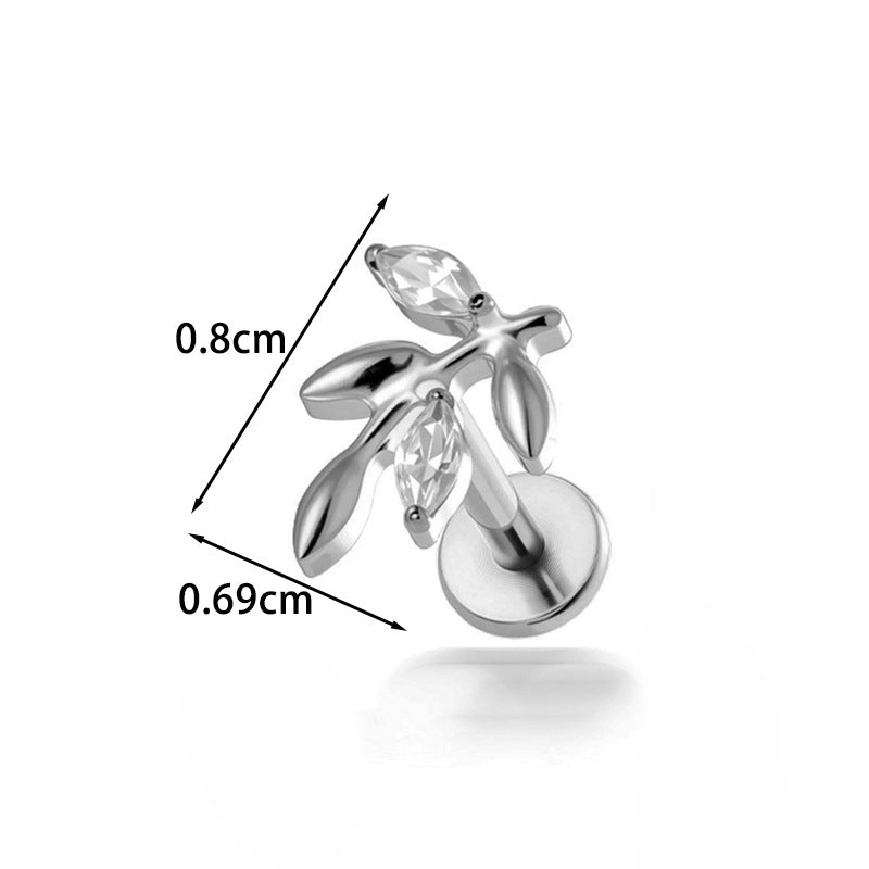 Implant Grade G23 Titanium Labret Stud – Snake Leaf CZ Flat Back Ear & Lip Piercing ASTM F136 Jewelry