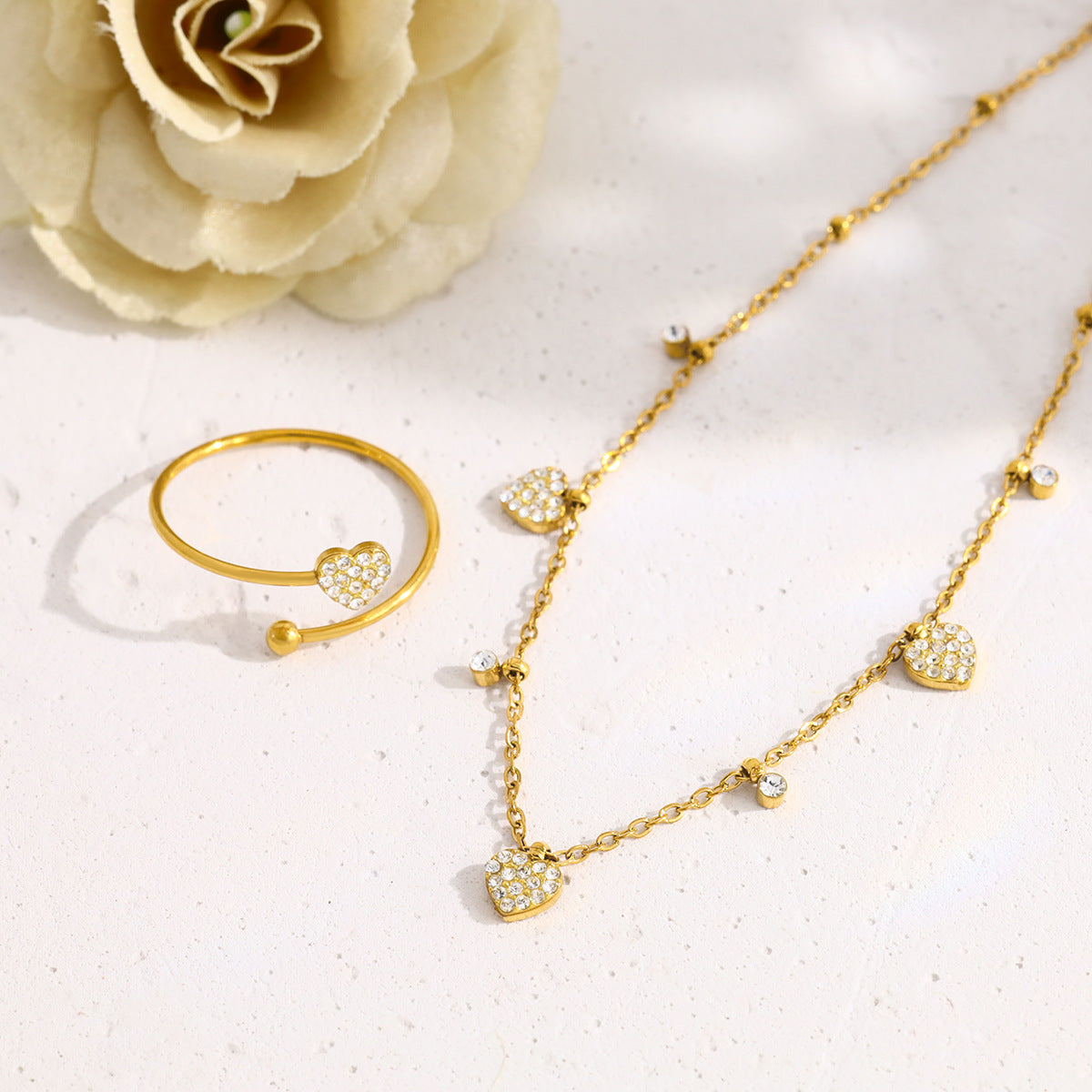 Elegant Heart-Shaped Crystal Necklace & Ring Set – 18K Gold Plated Titanium Steel