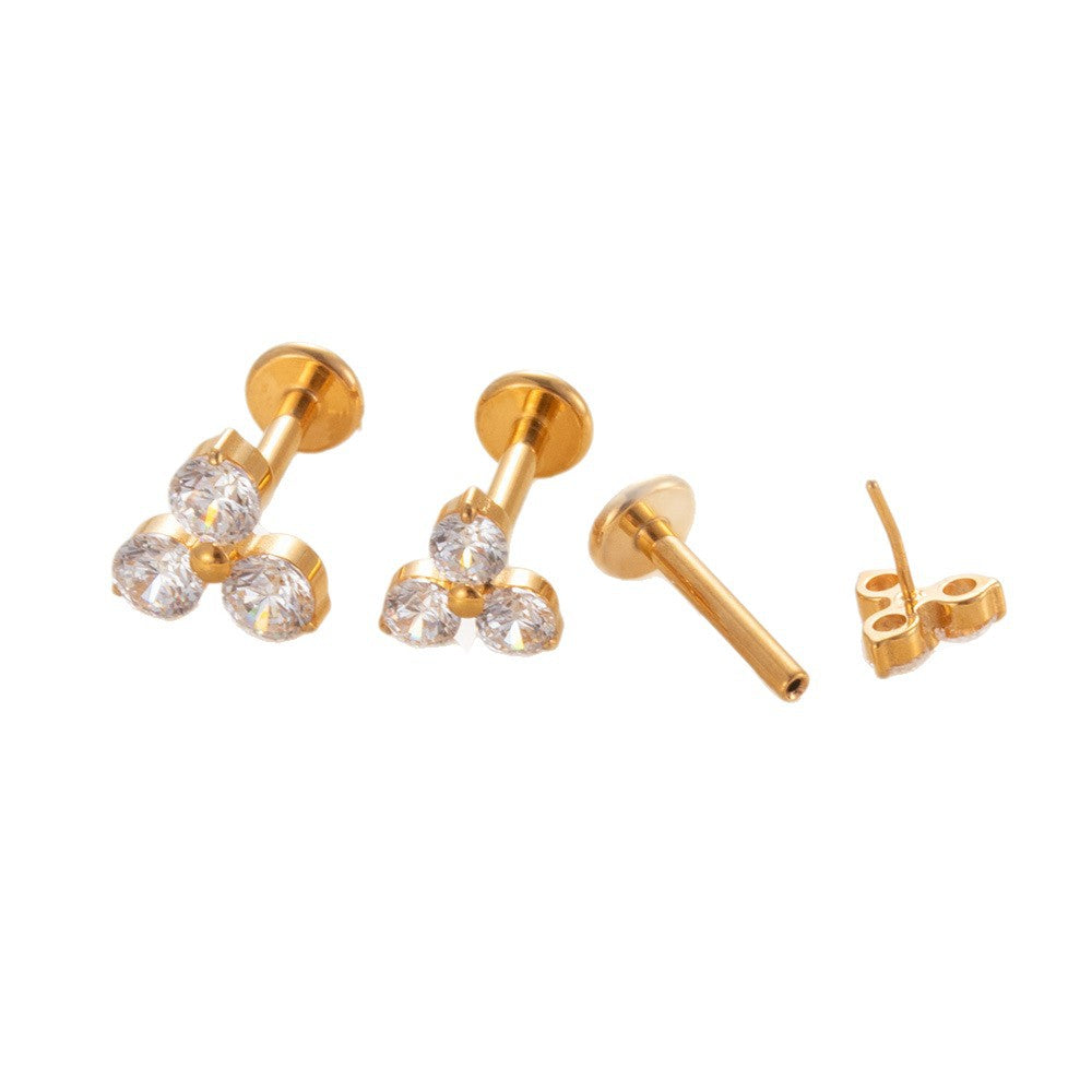 F136 Titanium Three-Zircon Flower Piercing Jewelry – Push Pin Lip & Cartilage Stud