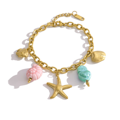 18K Gold Plated Stainless Steel Creative Ocean Style Colorful Fish Shell Seahorse Starfish Ceramic Pendant Necklace Bracelet Set