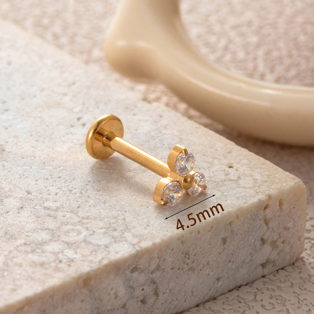 F136 Titanium Three-Zircon Flower Piercing Jewelry – Push Pin Lip & Cartilage Stud