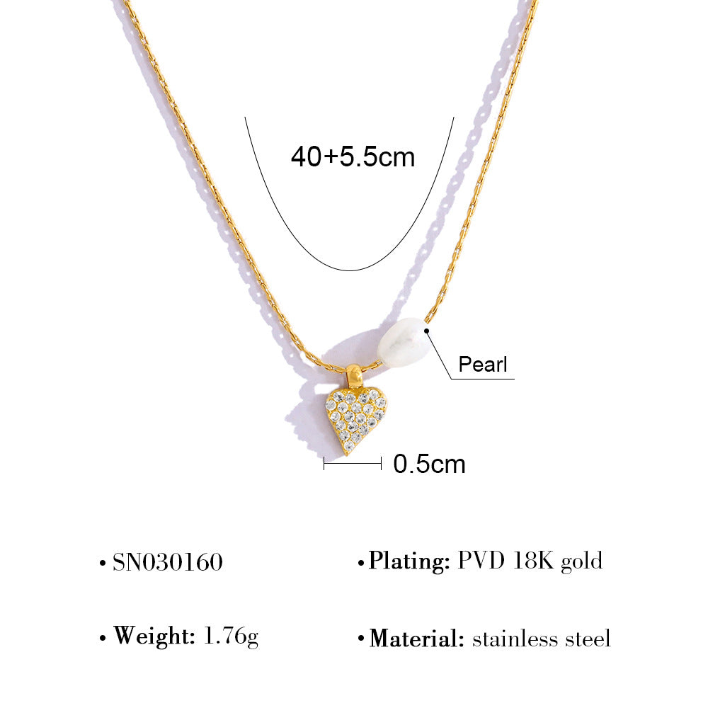 Elegant Pearl & Diamond Heart Pendant Titanium Steel Necklace & Bracelet Set – 18K Gold Plated, Adjustable Length, Perfect for Gifts