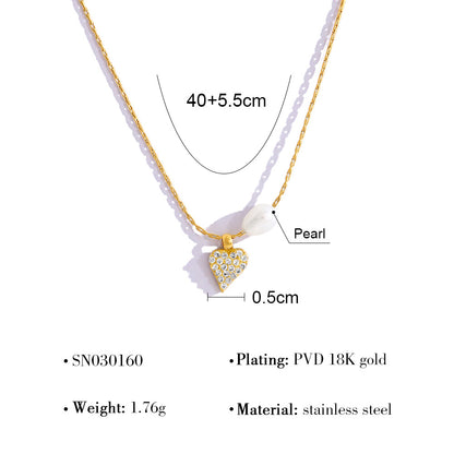 Elegant Pearl & Diamond Heart Pendant Titanium Steel Necklace & Bracelet Set – 18K Gold Plated, Adjustable Length, Perfect for Gifts