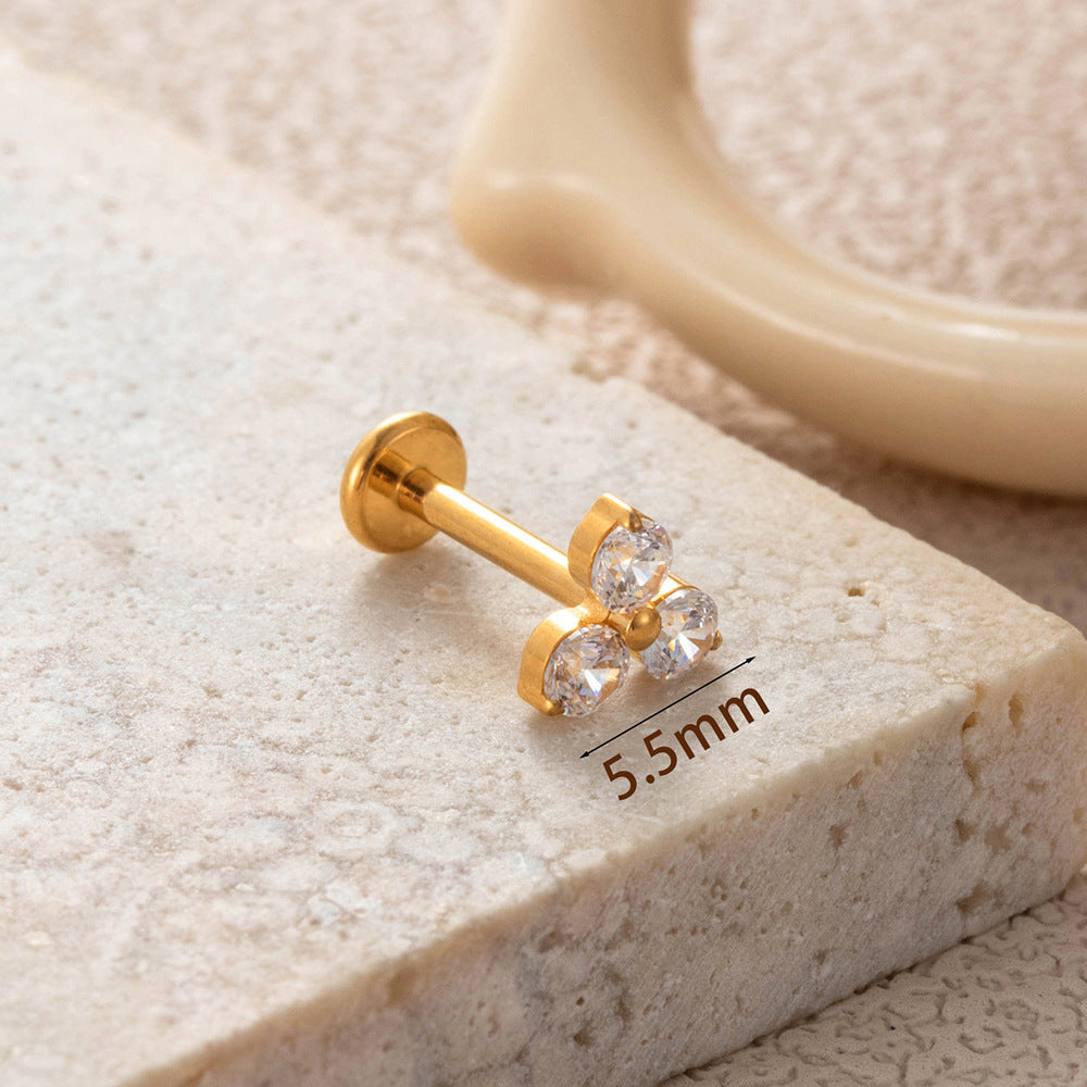 F136 Titanium Three-Zircon Flower Piercing Jewelry – Push Pin Lip & Cartilage Stud