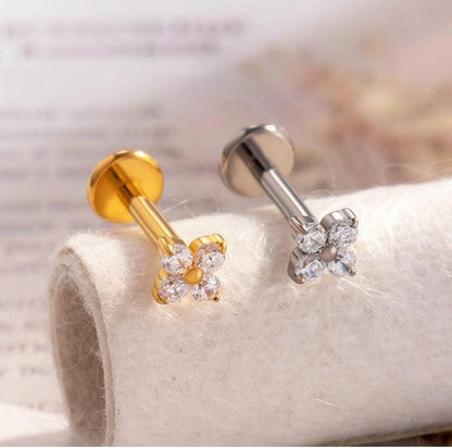 G23/F136 Titanium Flower Internally Threaded Flat Back Labret & Cartilage Piercing Jewelry