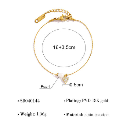 Elegant Pearl & Diamond Heart Pendant Titanium Steel Necklace & Bracelet Set – 18K Gold Plated, Adjustable Length, Perfect for Gifts