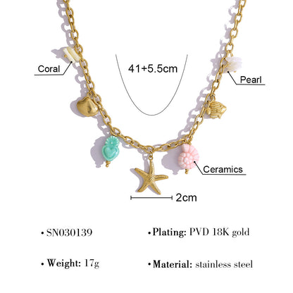 18K Gold Plated Stainless Steel Creative Ocean Style Colorful Fish Shell Seahorse Starfish Ceramic Pendant Necklace Bracelet Set