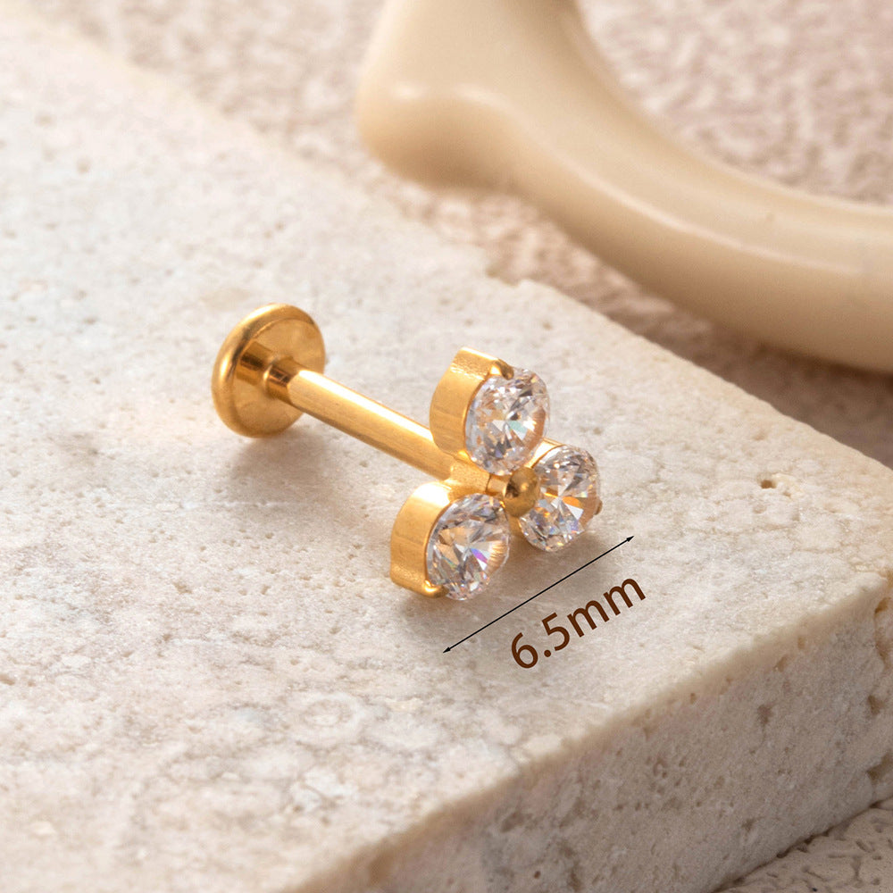 F136 Titanium Three-Zircon Flower Piercing Jewelry – Push Pin Lip & Cartilage Stud